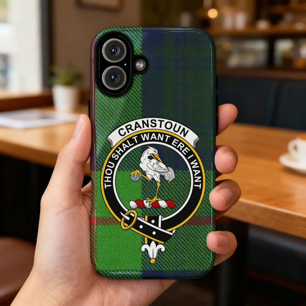 Clan Cranstoun tartan case on phone — slim glossy finish, crest detail visible