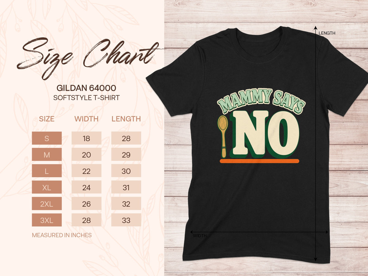 Gildan 64000 unisex T-shirt size chart with width and length measurements
