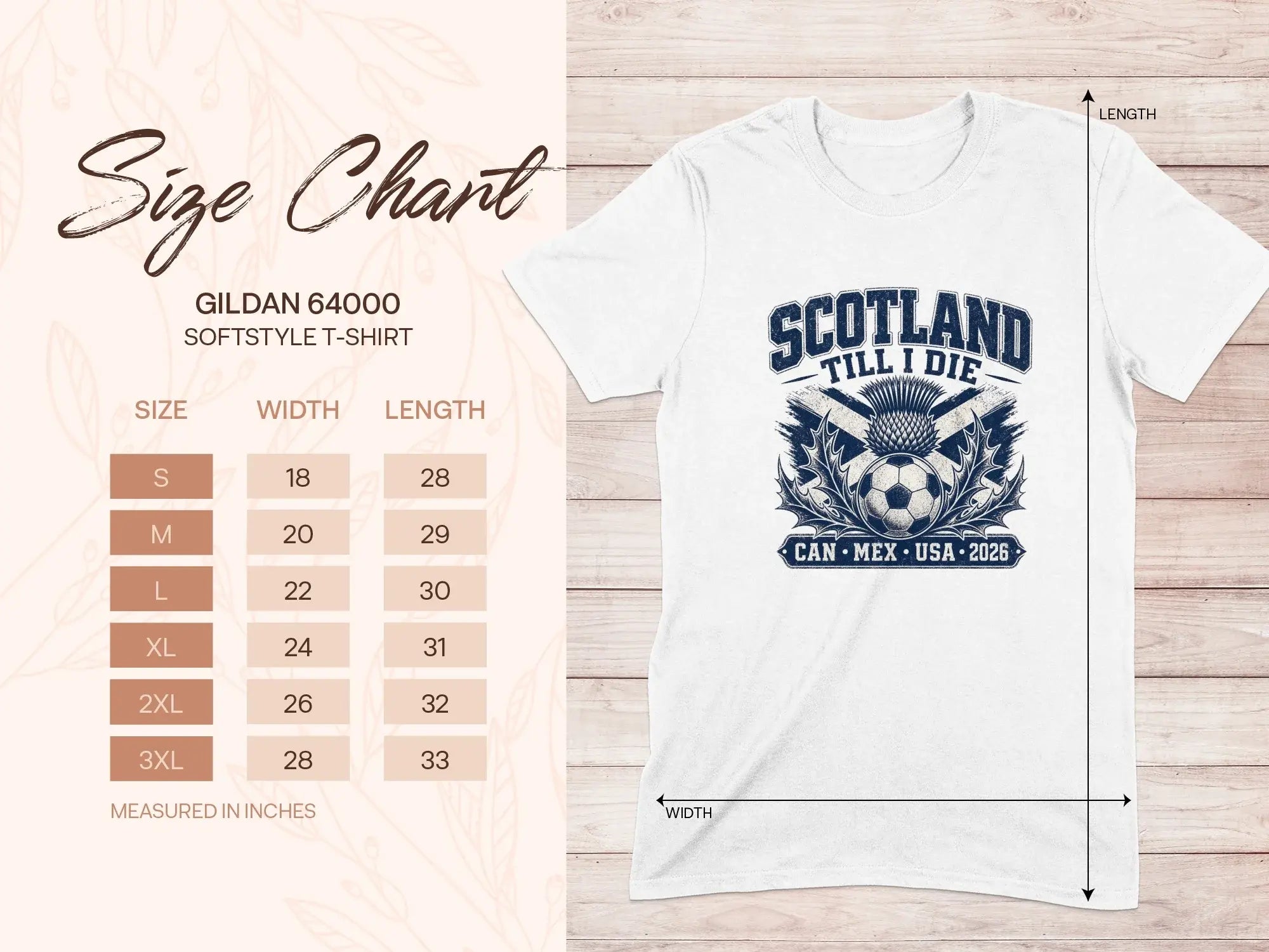 Gildan 64000 softstyle t-shirt size chart with width and length measurements.