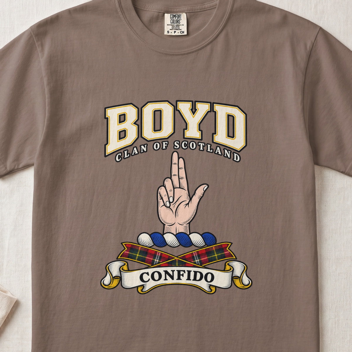 Boyd Scottish clan graphic T-shirt in Espresso, front view