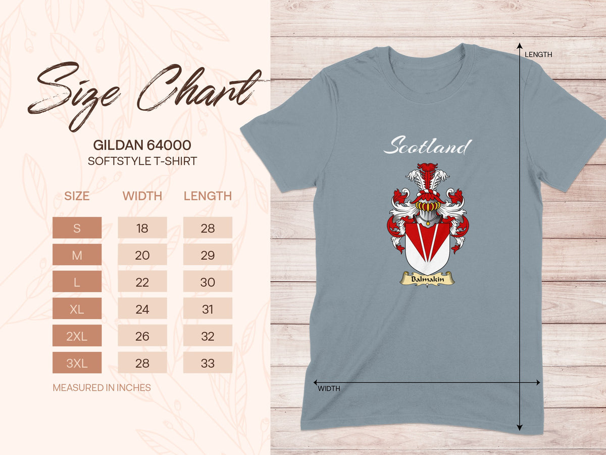 Gildan 64000 size chart for Balmakin Scottish family shield T-shirt