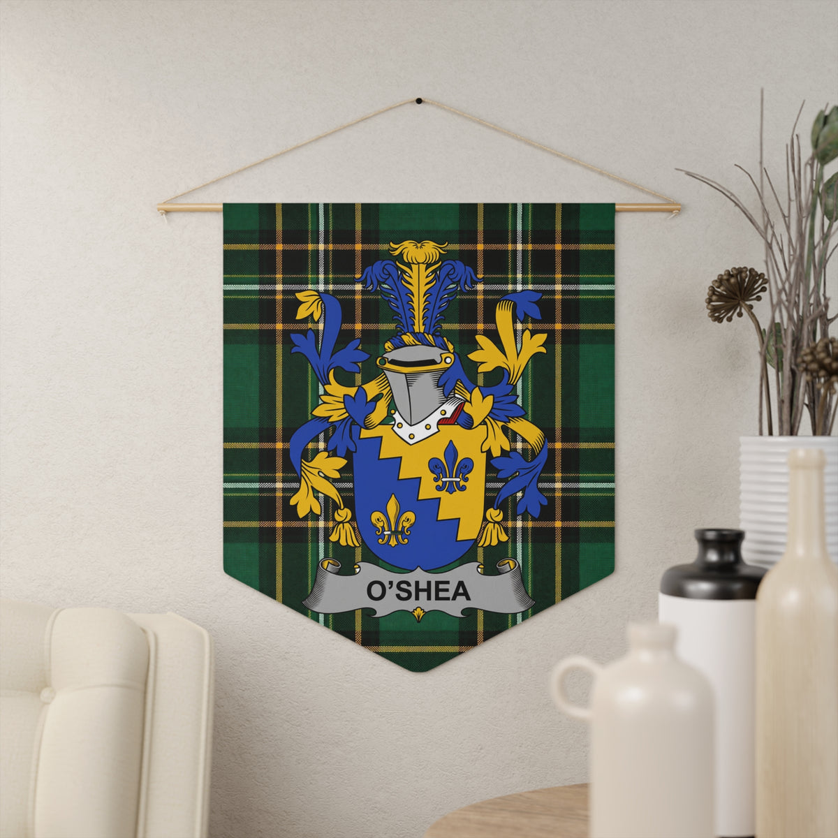 O'Shea tartan wall pennant hanging on a wall