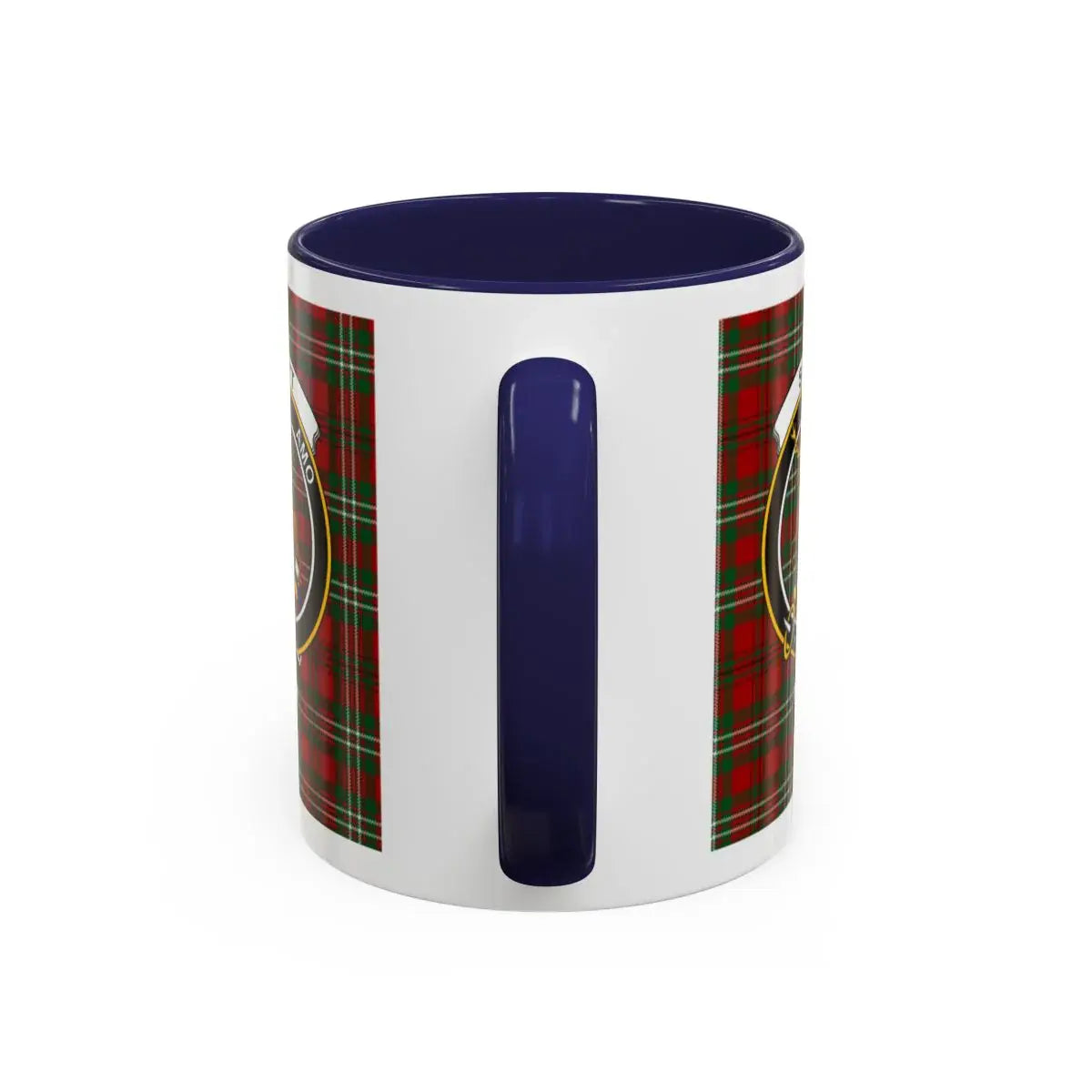 Clan Scott Scottish tartan mug — close-up of deer crest and navy handle