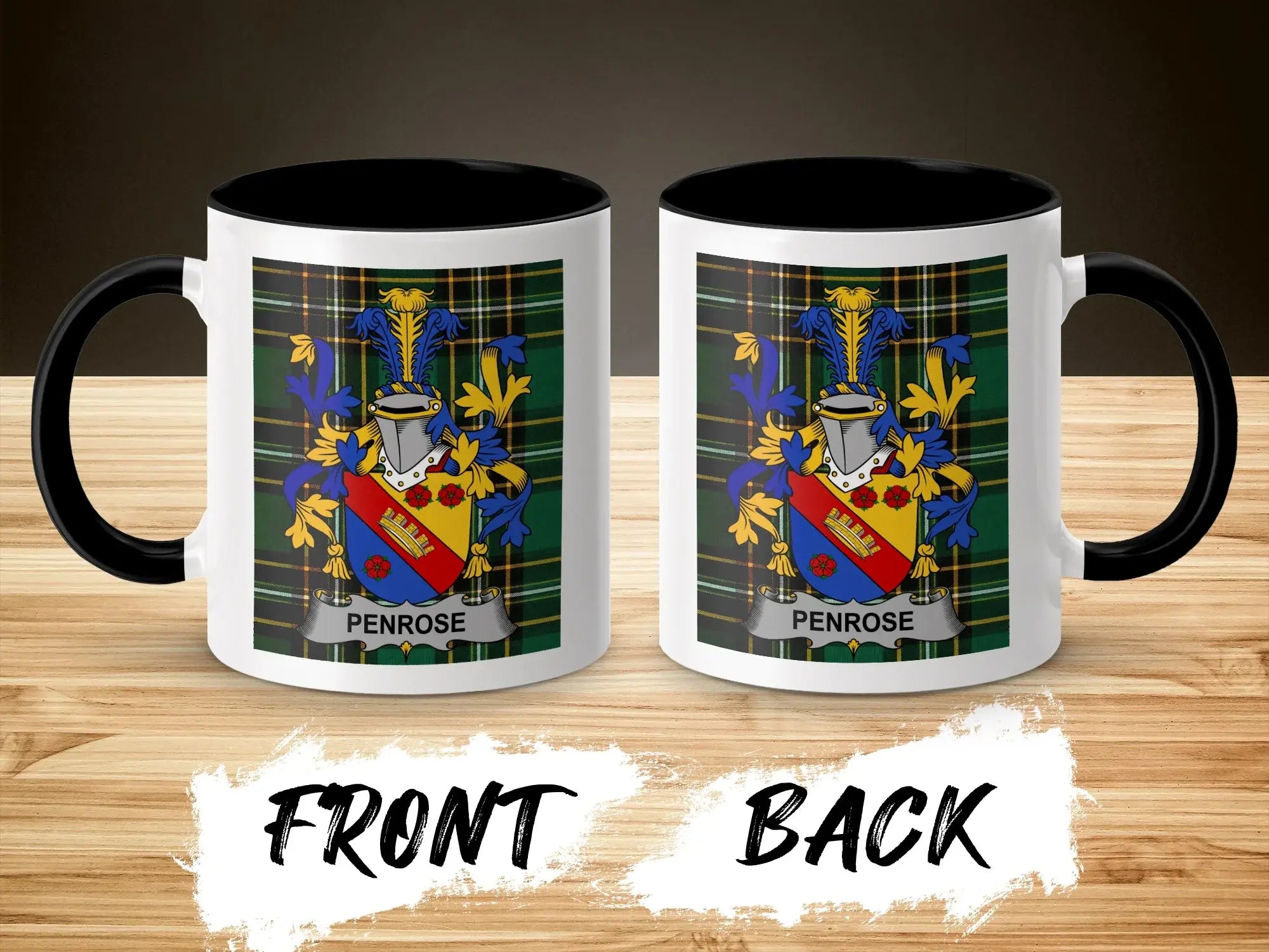 Penrose ceramic mug with black handle and family crest on tartan background