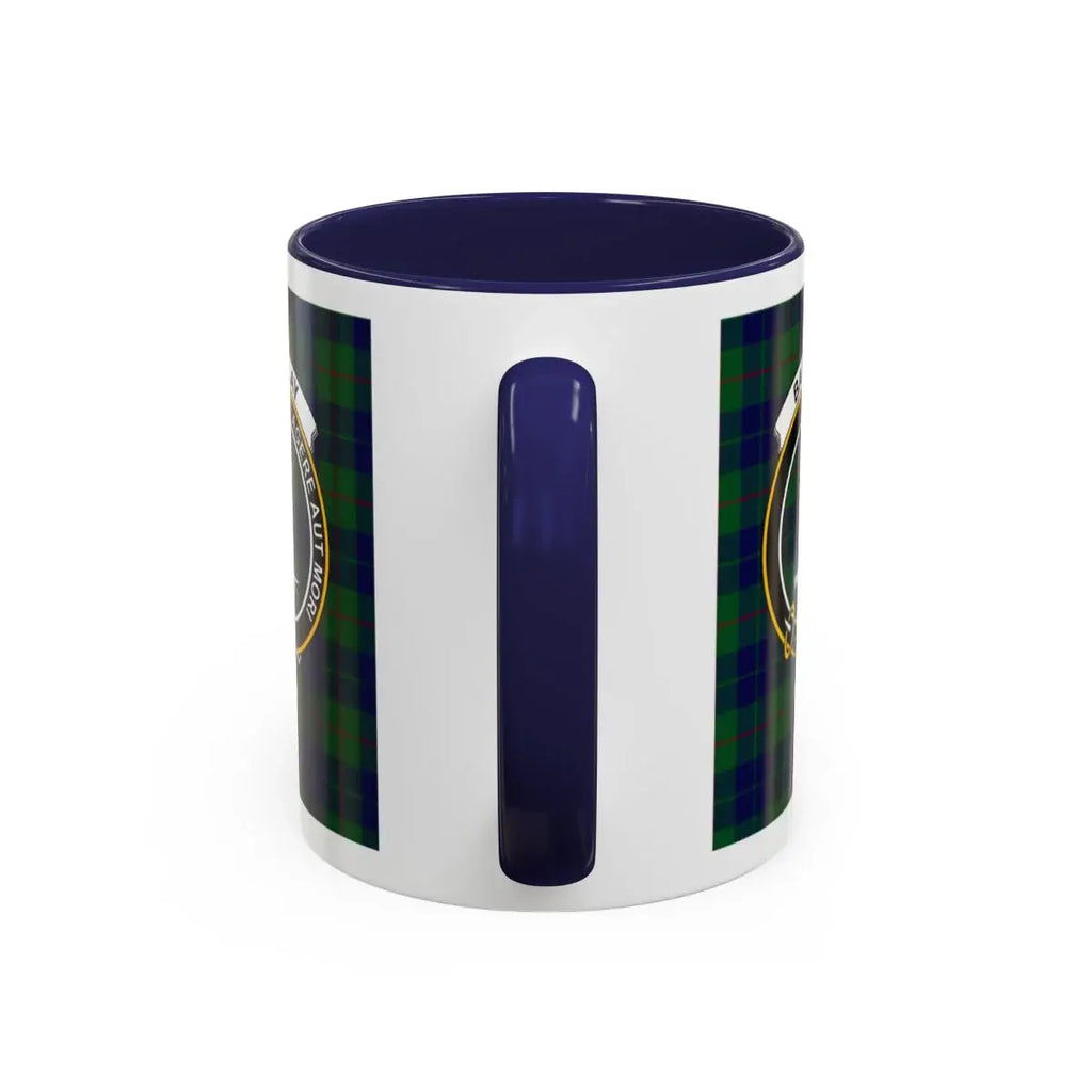 Barclay clan crest mug with navy handle — Scottish tartan design, 11oz glossy ceramic