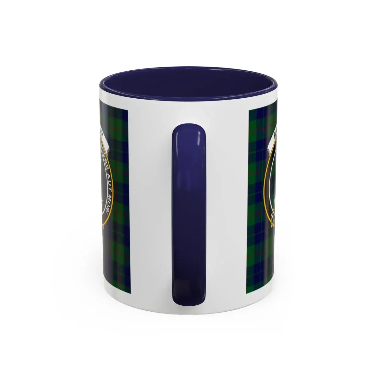 Barclay clan crest mug with navy handle — Scottish tartan design, 11oz glossy ceramic