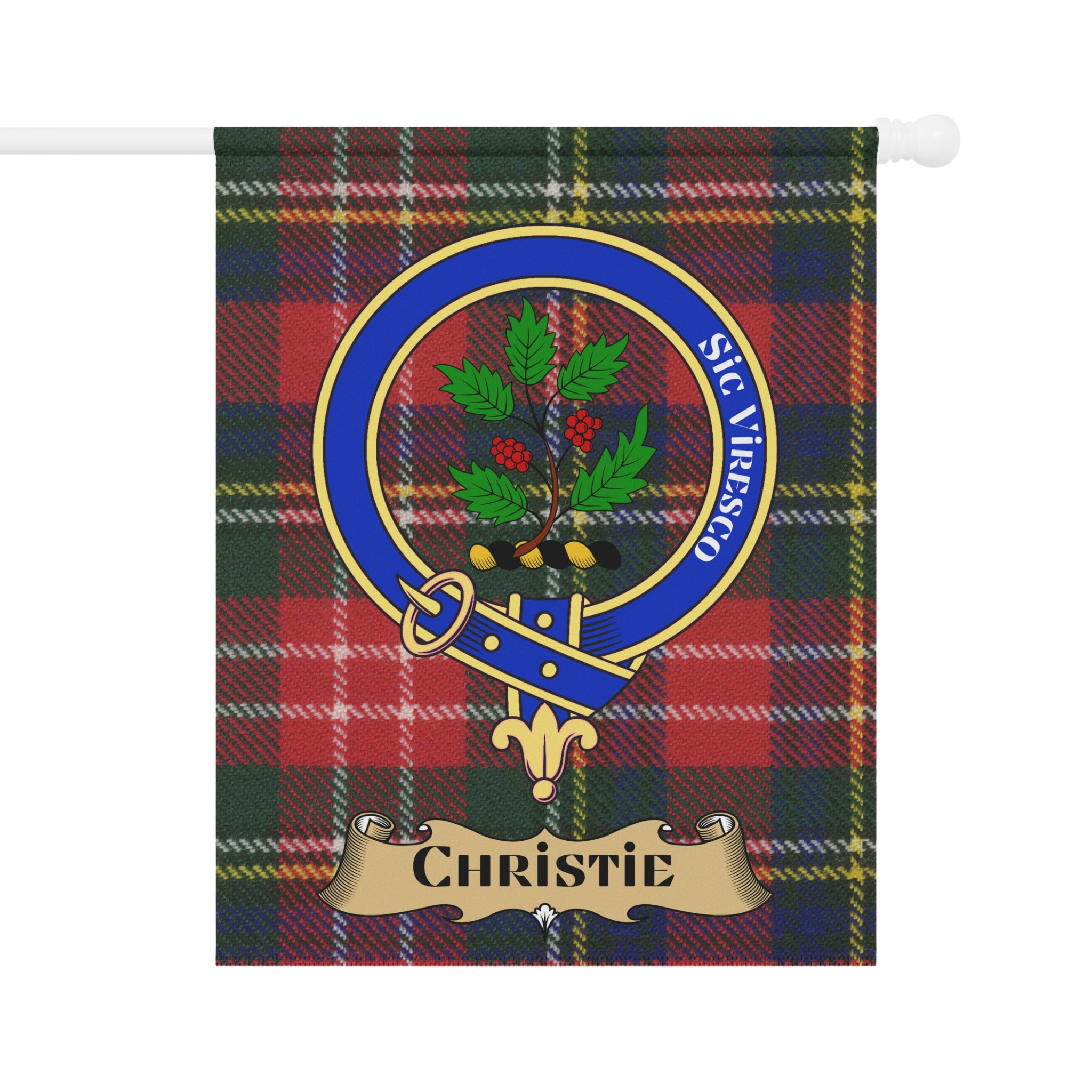 Christie crest on red tartan garden flag — close-up detail