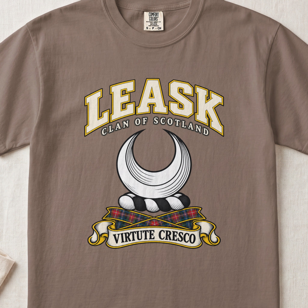 Leask Scottish clan T-shirt in Espresso, front view with a silver crescent and motto design.
