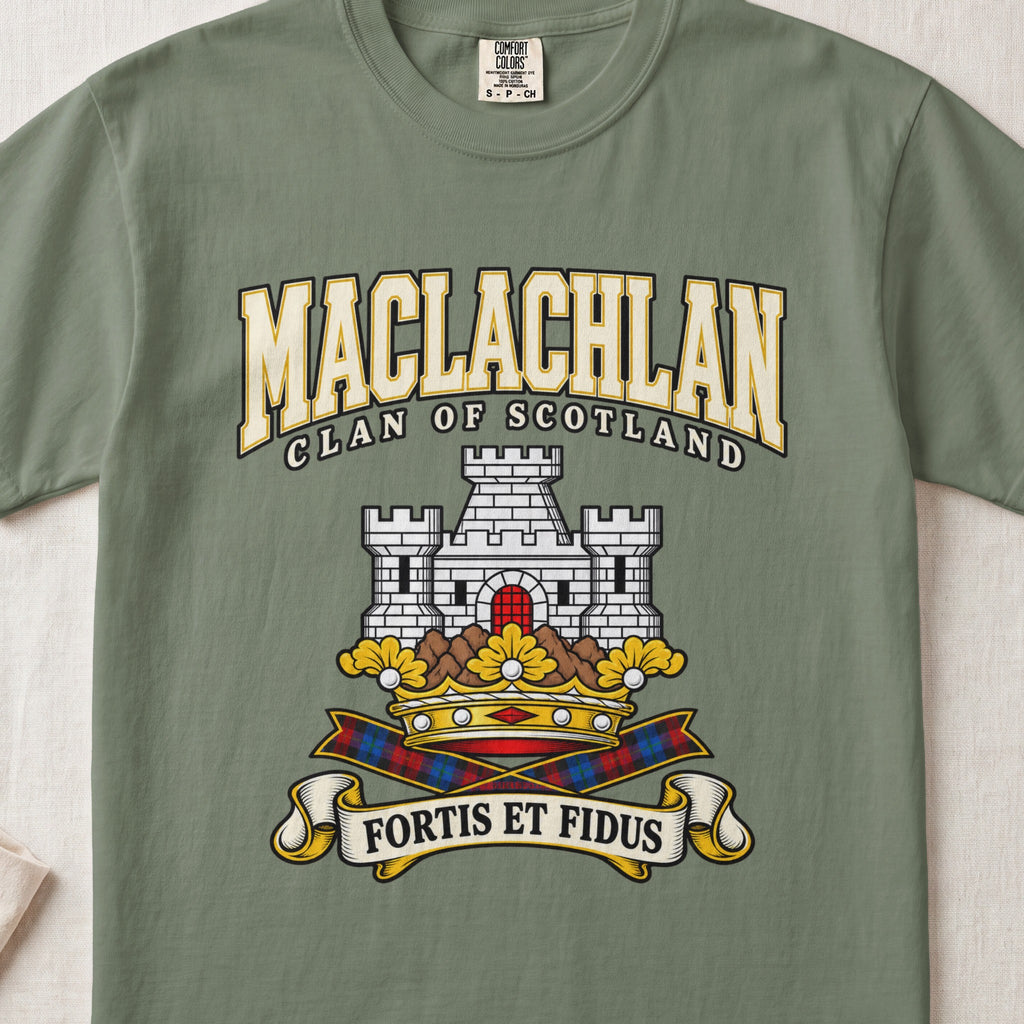 MacLachlan Scottish clan graphic T-shirt in Moss, front view