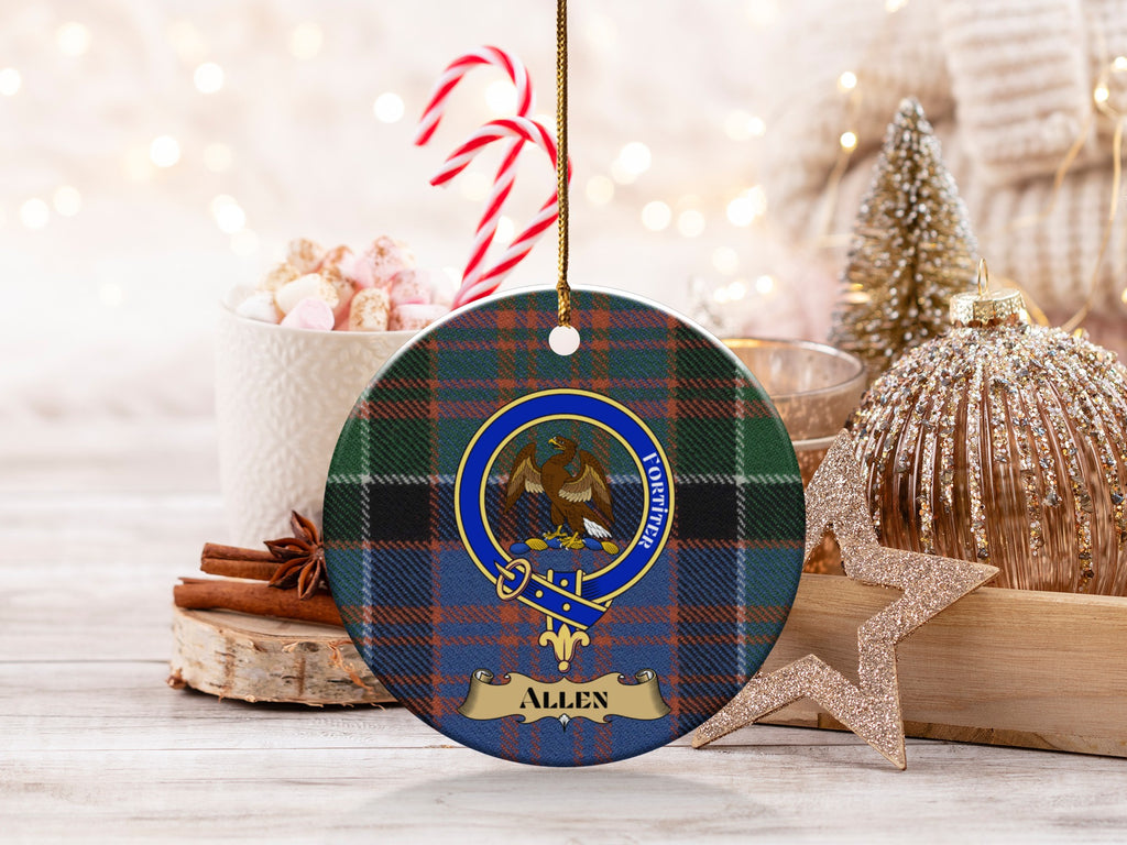 Allen clan crest with falcon and name banner on tartan ornament