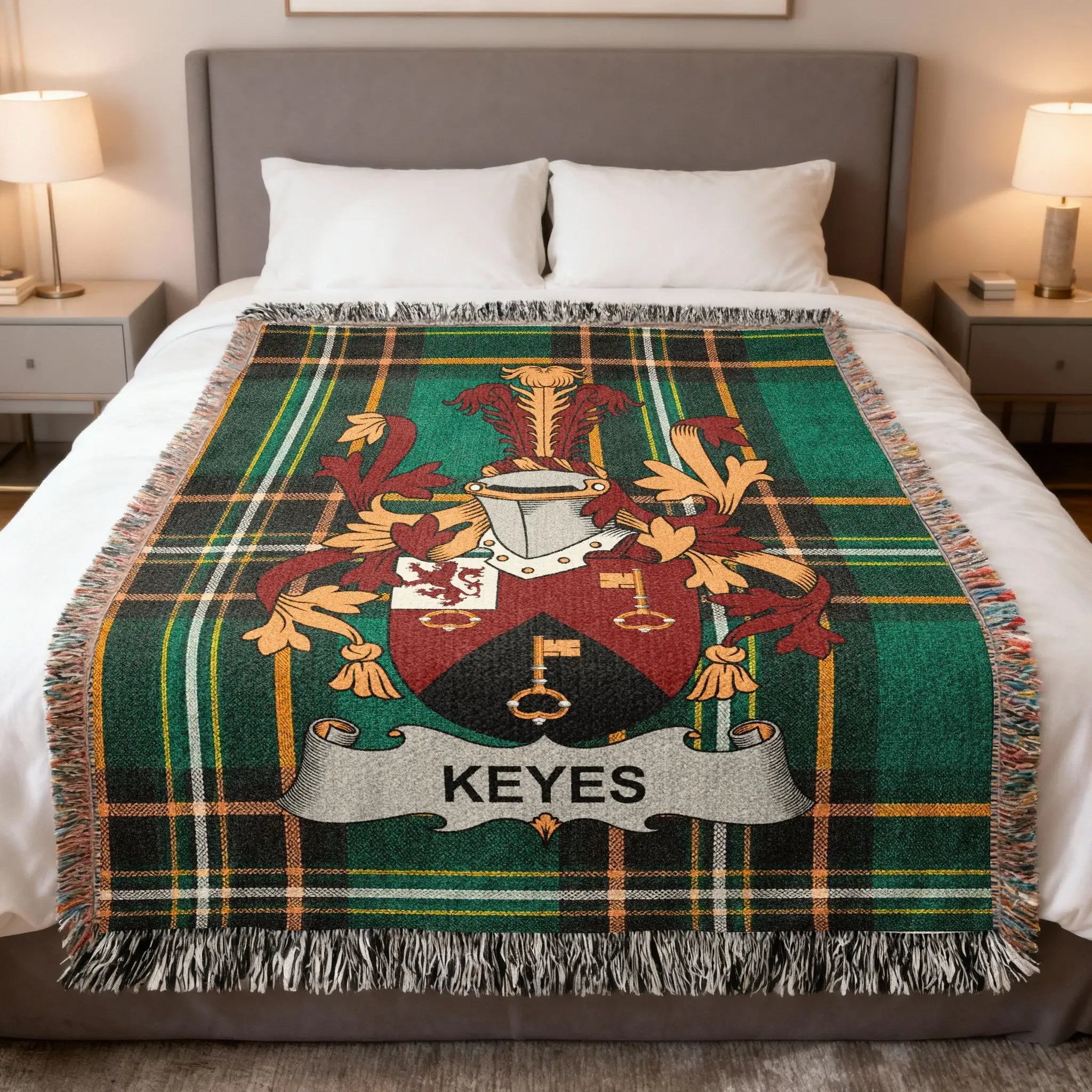 Green plaid throw blanket with Keyes family crest.