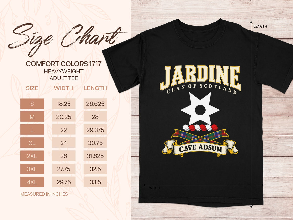 Jardine Comfort Colors 1717 T-shirt size chart with black shirt illustration