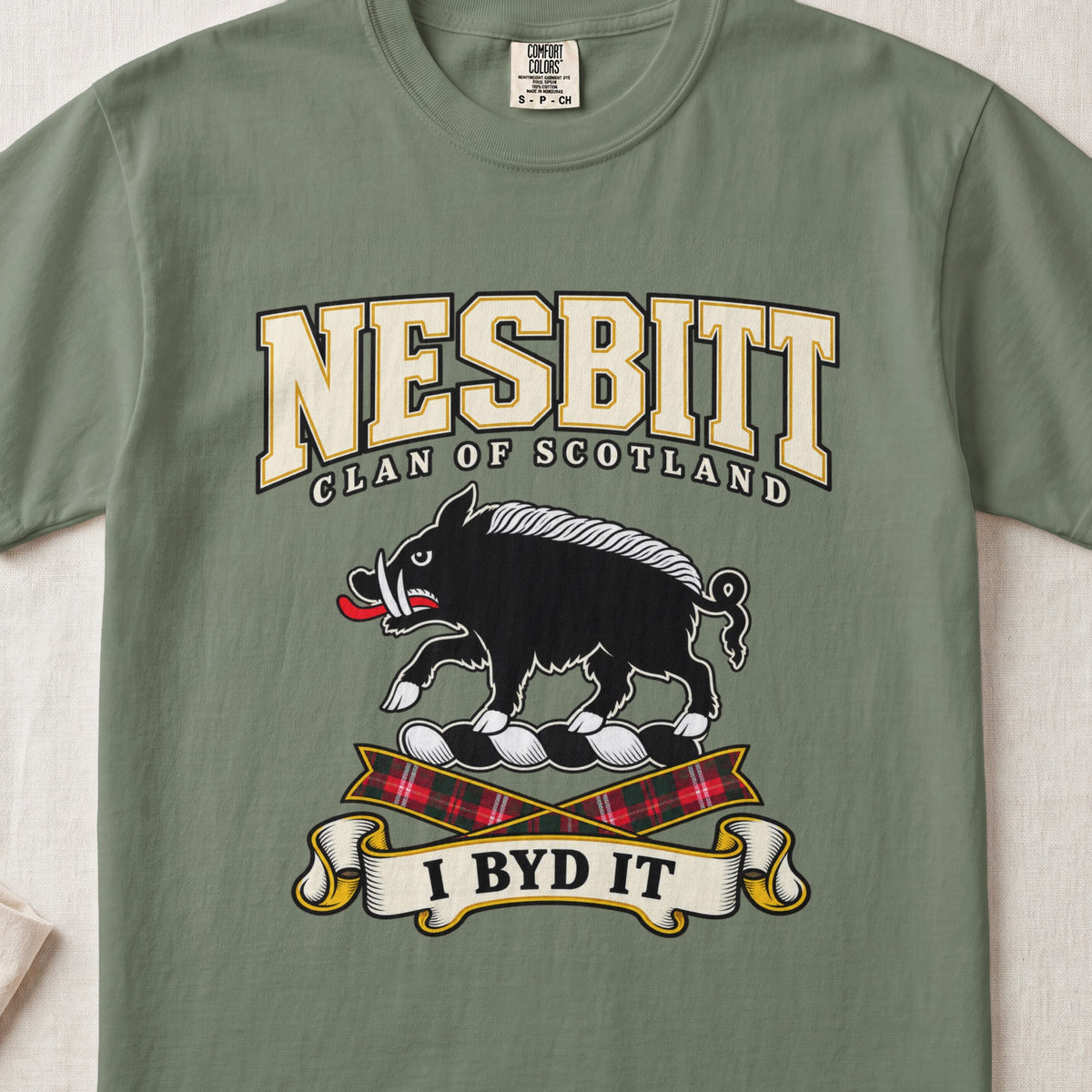 Nesbitt Scottish clan graphic T-shirt in Moss, front view