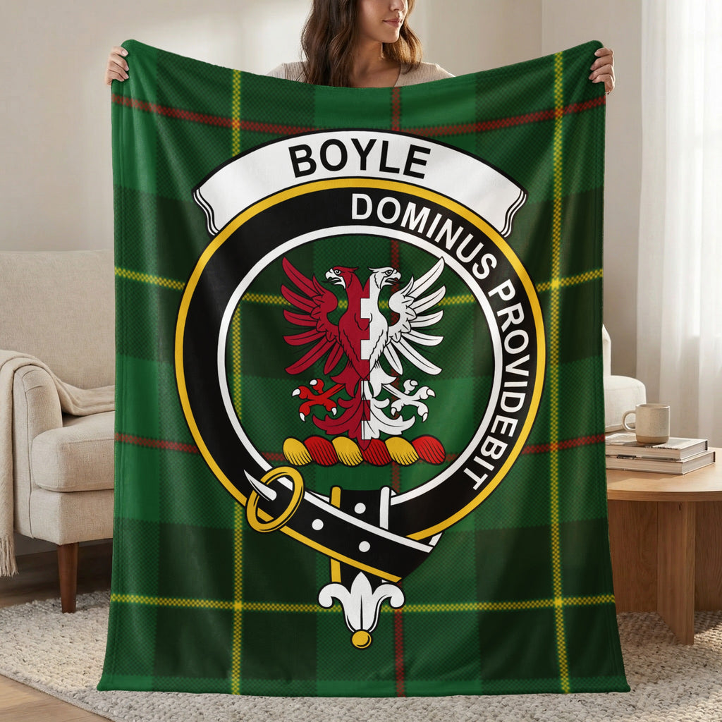 Boyle clan crest green tartan throw blanket with Dominus Providebit motto — 50x60