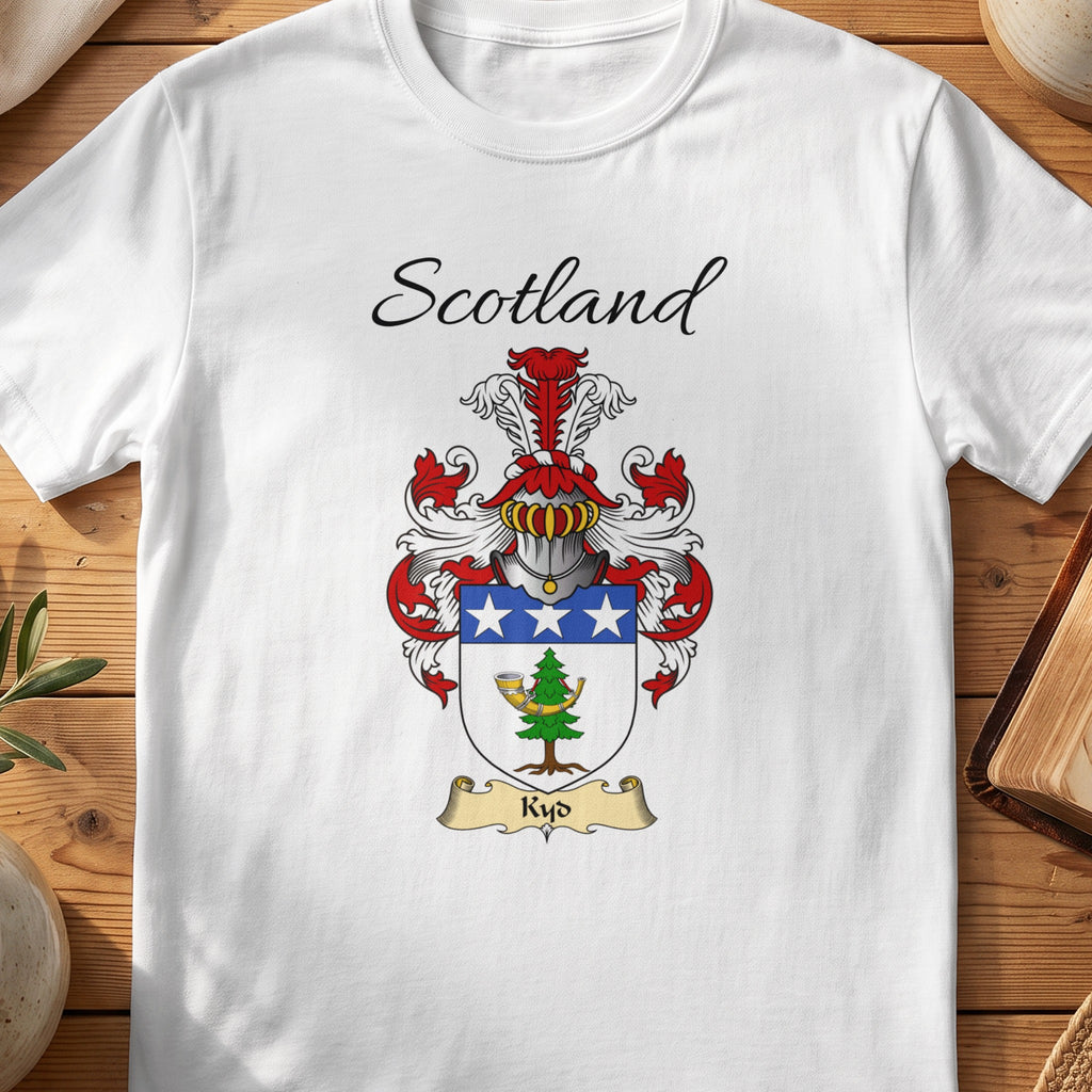 White Kyd Scottish family shield T-shirt featuring a blue top band with white stars above a green motif