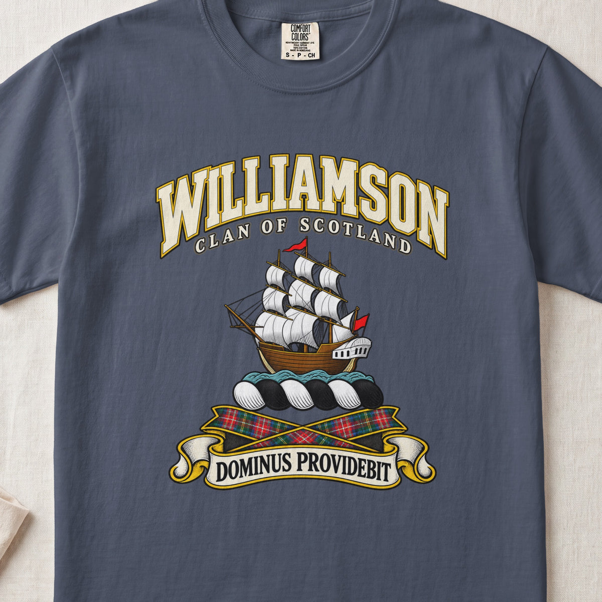 Williamson Scottish clan T-shirt in Midnight, front view with a sailing ship with white sails and motto banner.