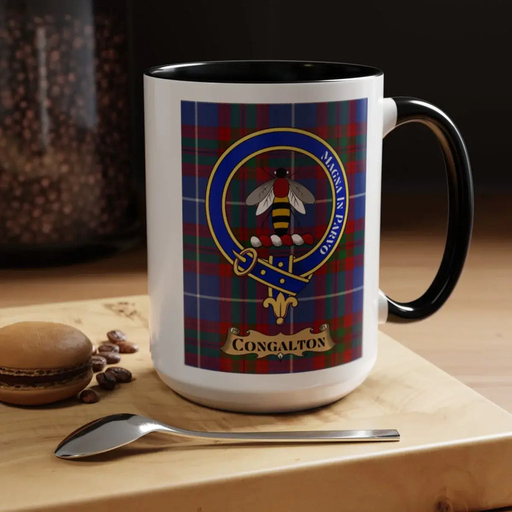 Close-up of the Congalton clan crest printed on a ceramic mug
