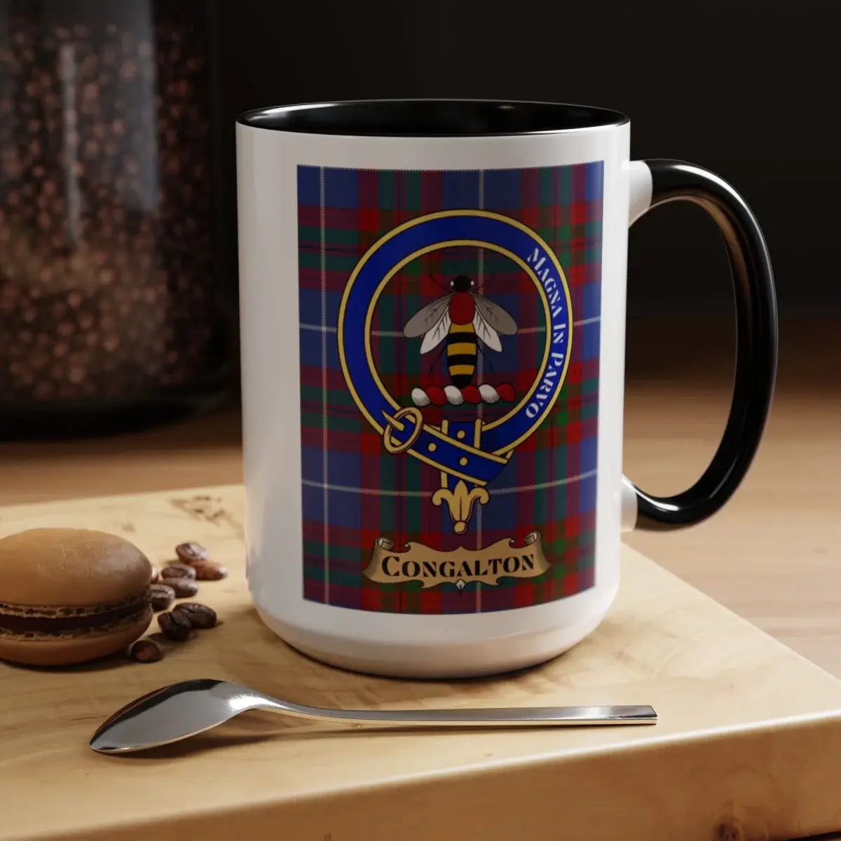 Close-up of the Congalton clan crest printed on a ceramic mug