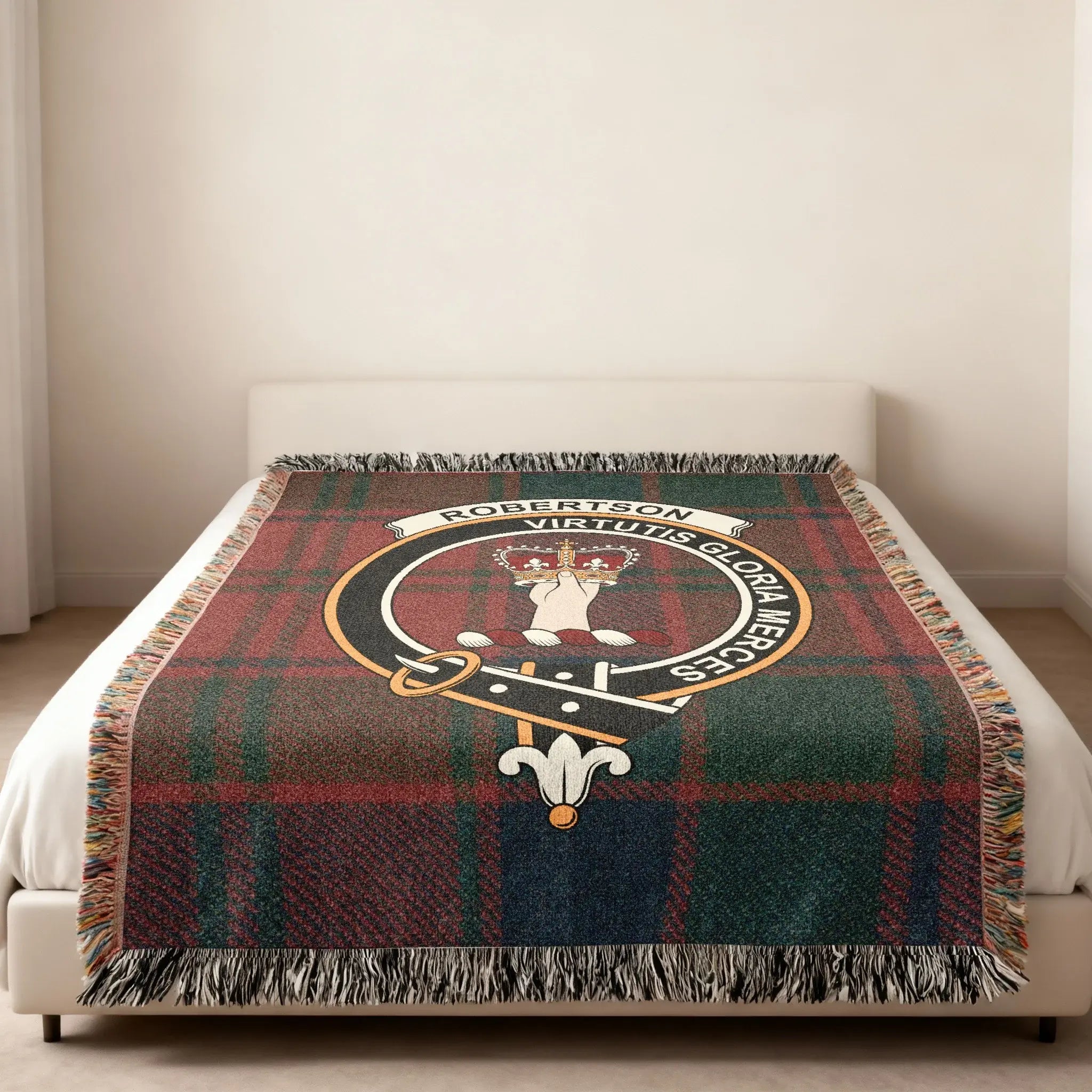 Clan Robertson woven blanket — full view, virtutis gloria merces crest, 80x60 size