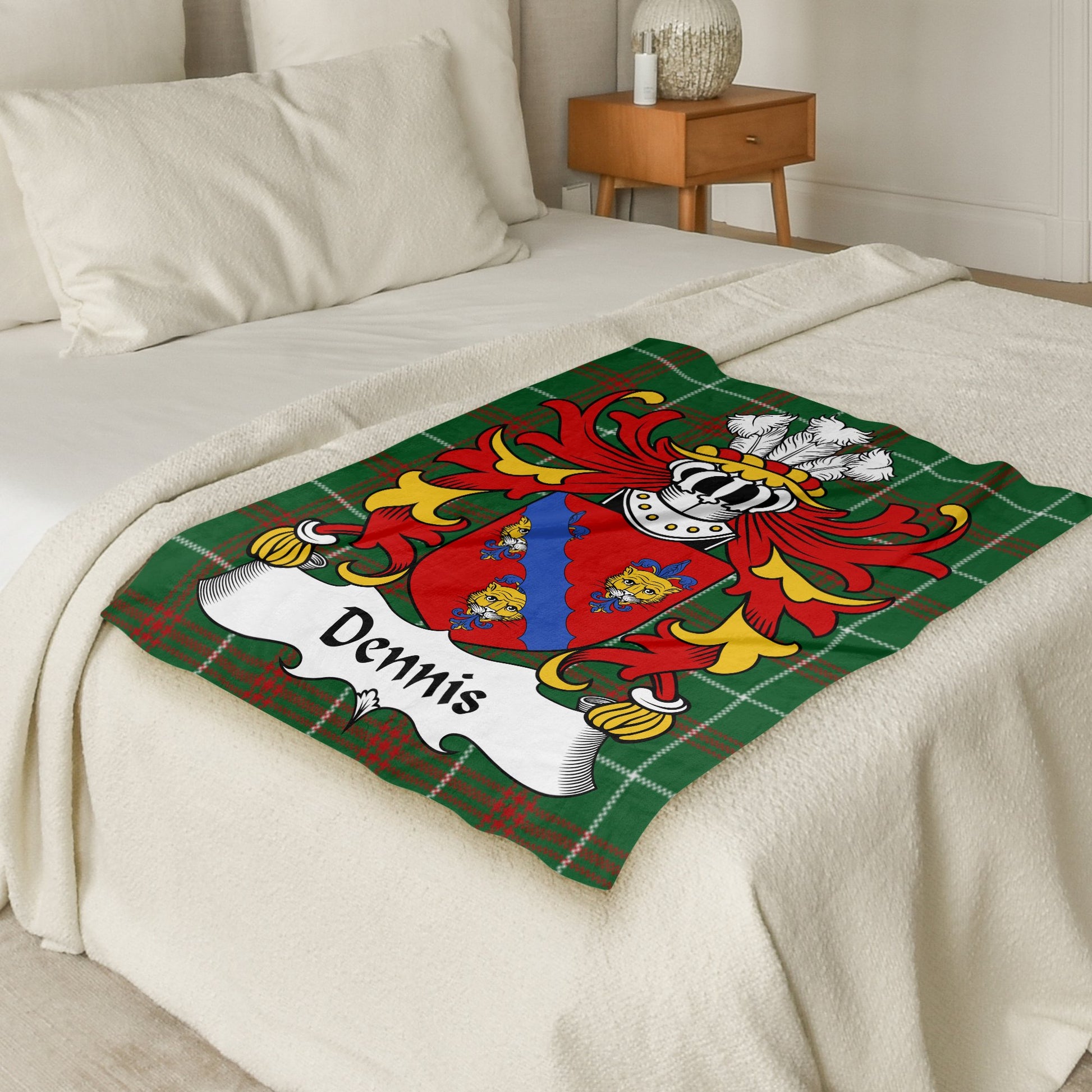 Dennis Welsh Surname Coat of Arms on Tartan Background Blanket - Living Stone Gifts