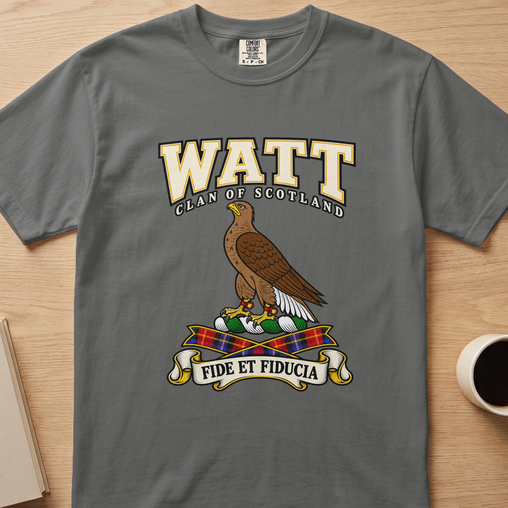 Watt clan T-shirt in gray, front view with brown bird in profile
