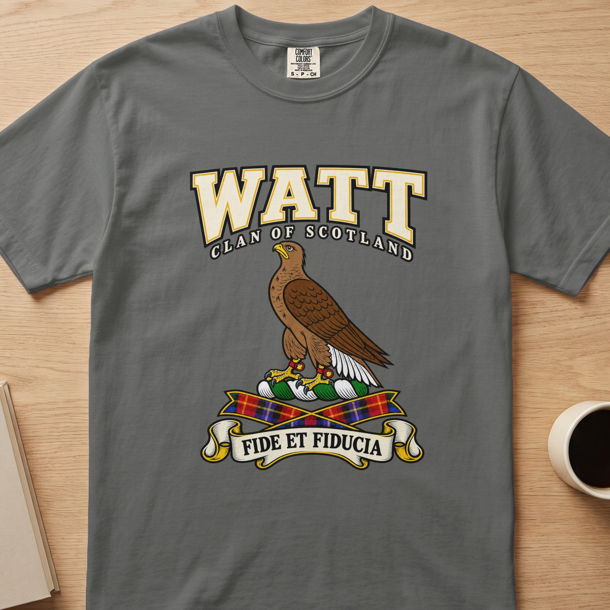 Watt clan T-shirt in gray, front view with brown bird in profile