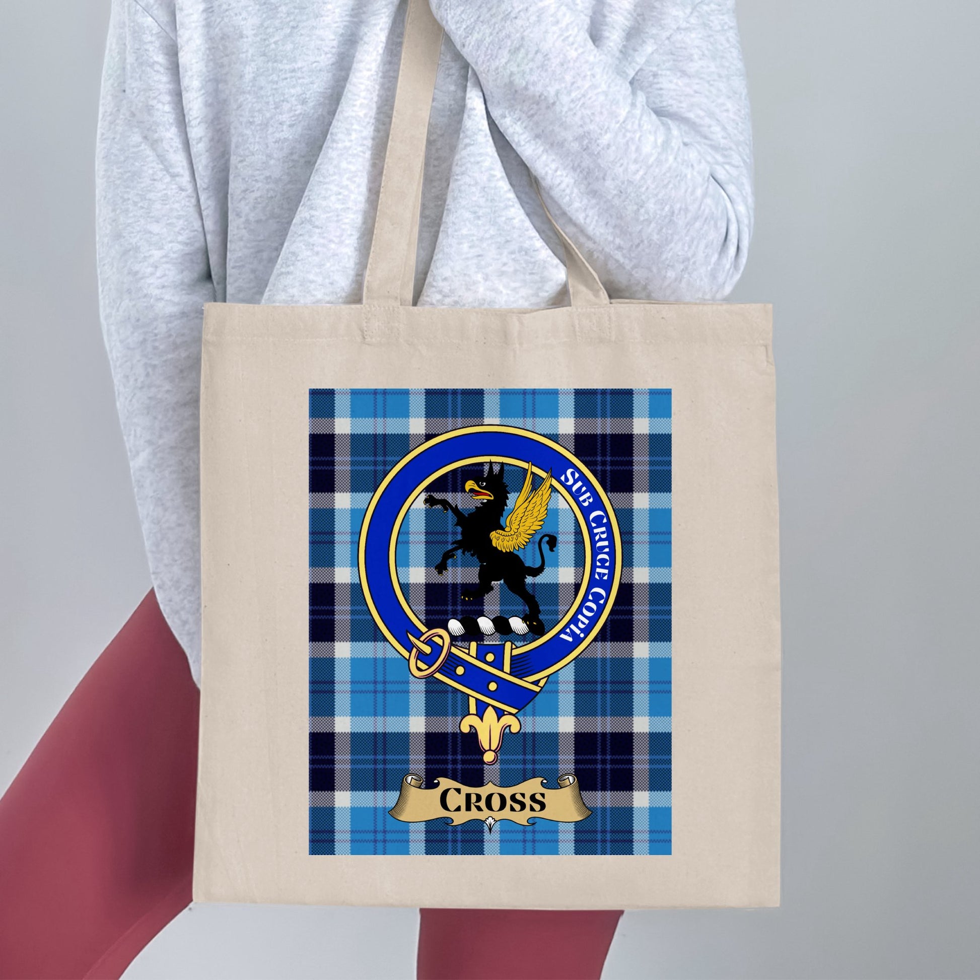 Cross Clan Scottish Tartan Crest Blue Plaid Tote Bag - Living Stone Gifts