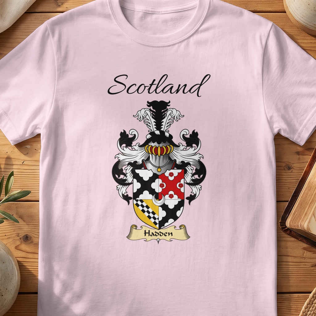 Light Pink Hadden Scottish family shield T-shirt featuring a quartered black, red and gold design