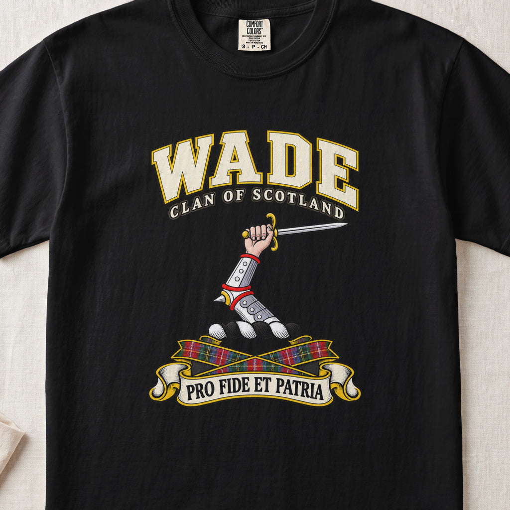 Wade Scottish clan T-shirt in Black, front view with an armoured arm holding a sword and motto design.