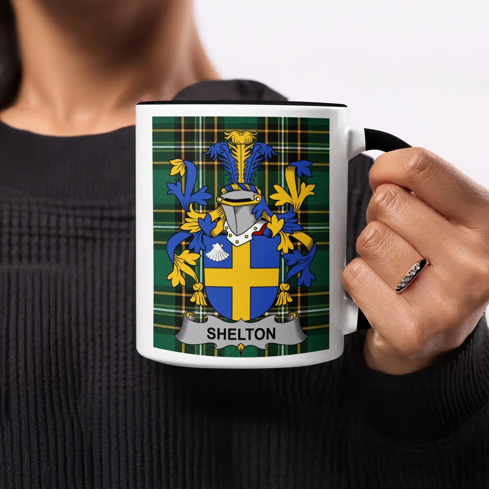 Shelton black accent mug with Irish National Tartan and family crest