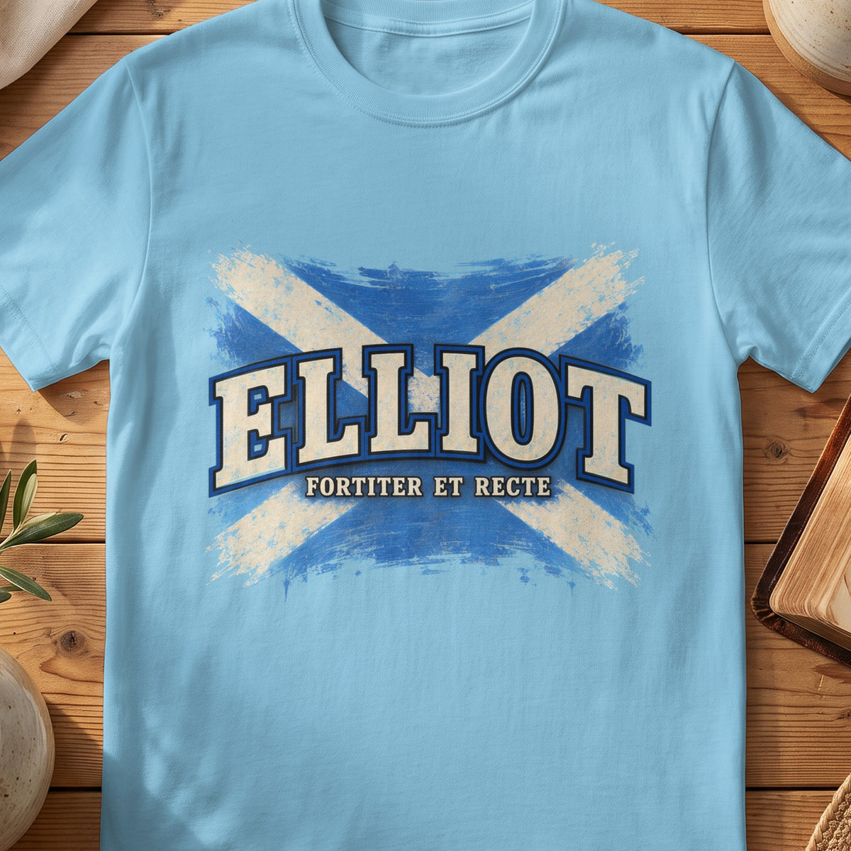 Elliot Scottish Saltire T-shirt in Sky, with distressed blue and cream flag and “Fortiter et Recte” lettering.