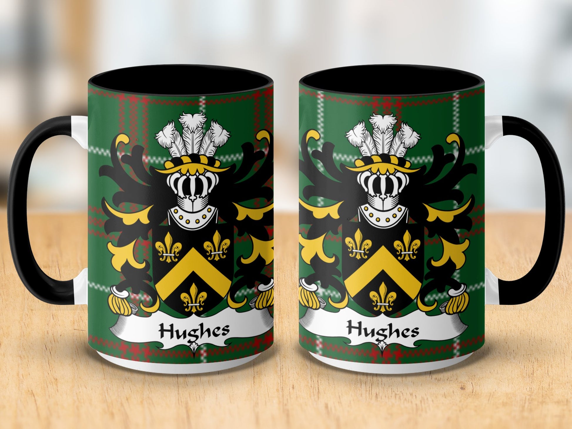 Hughes Surname Coat of Arms on Tartan Background Mug - Living Stone Gifts