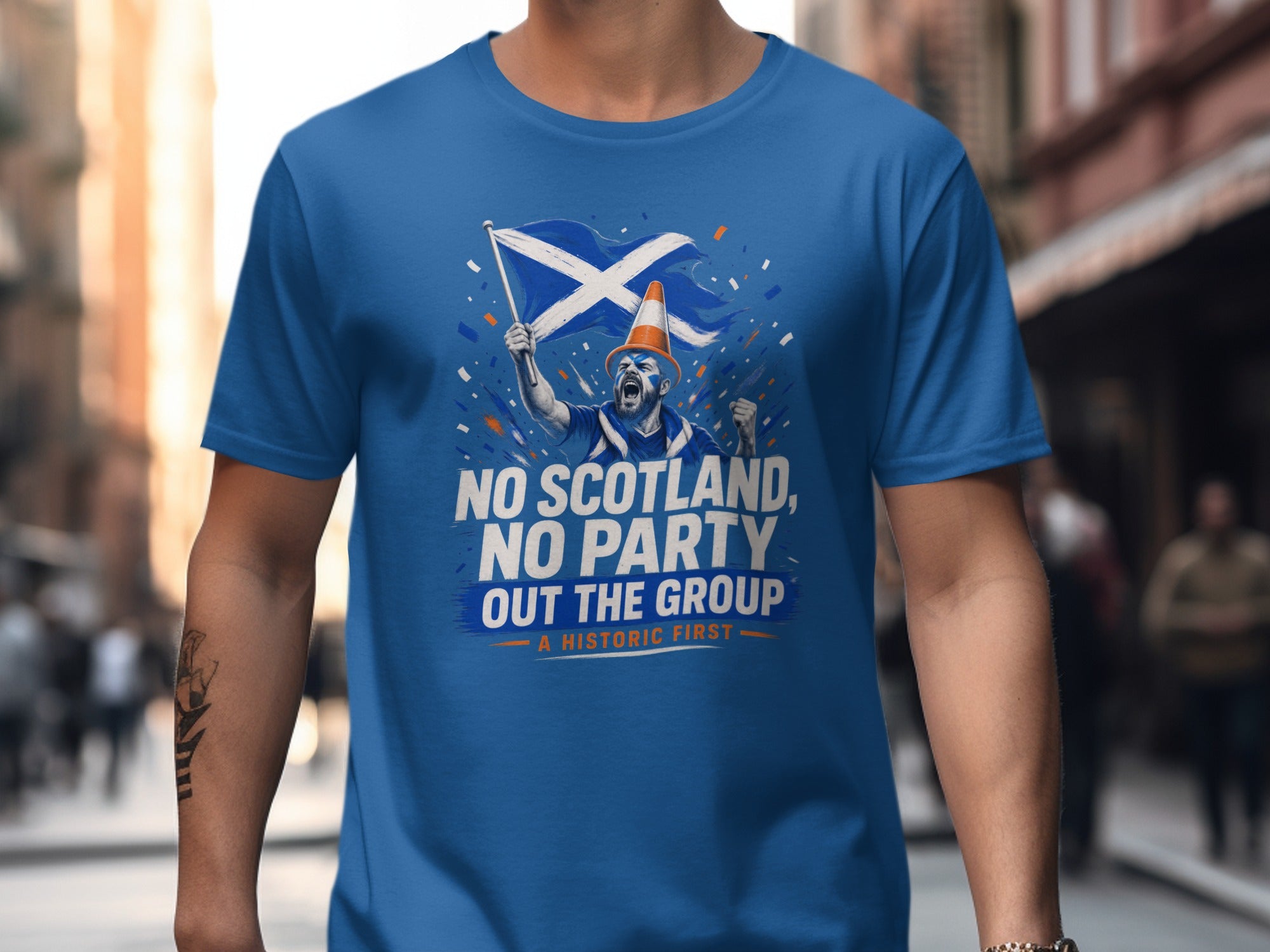 Blue t-shirt with Scottish flag, fan, and text "NO SCOTLAND, NO PARTY".