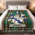 Biggar Irish family crest woven blanket with Irish tartan design and fringed edges