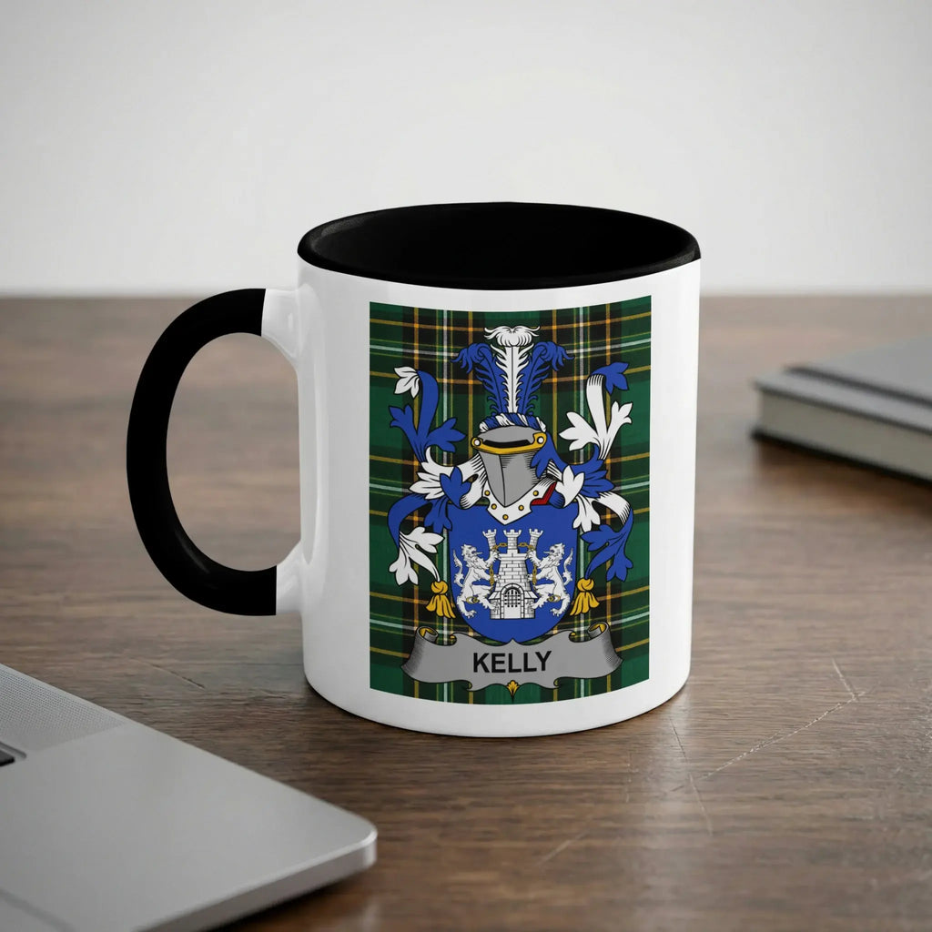Kelly Irish heritage mug with black handle and family crest