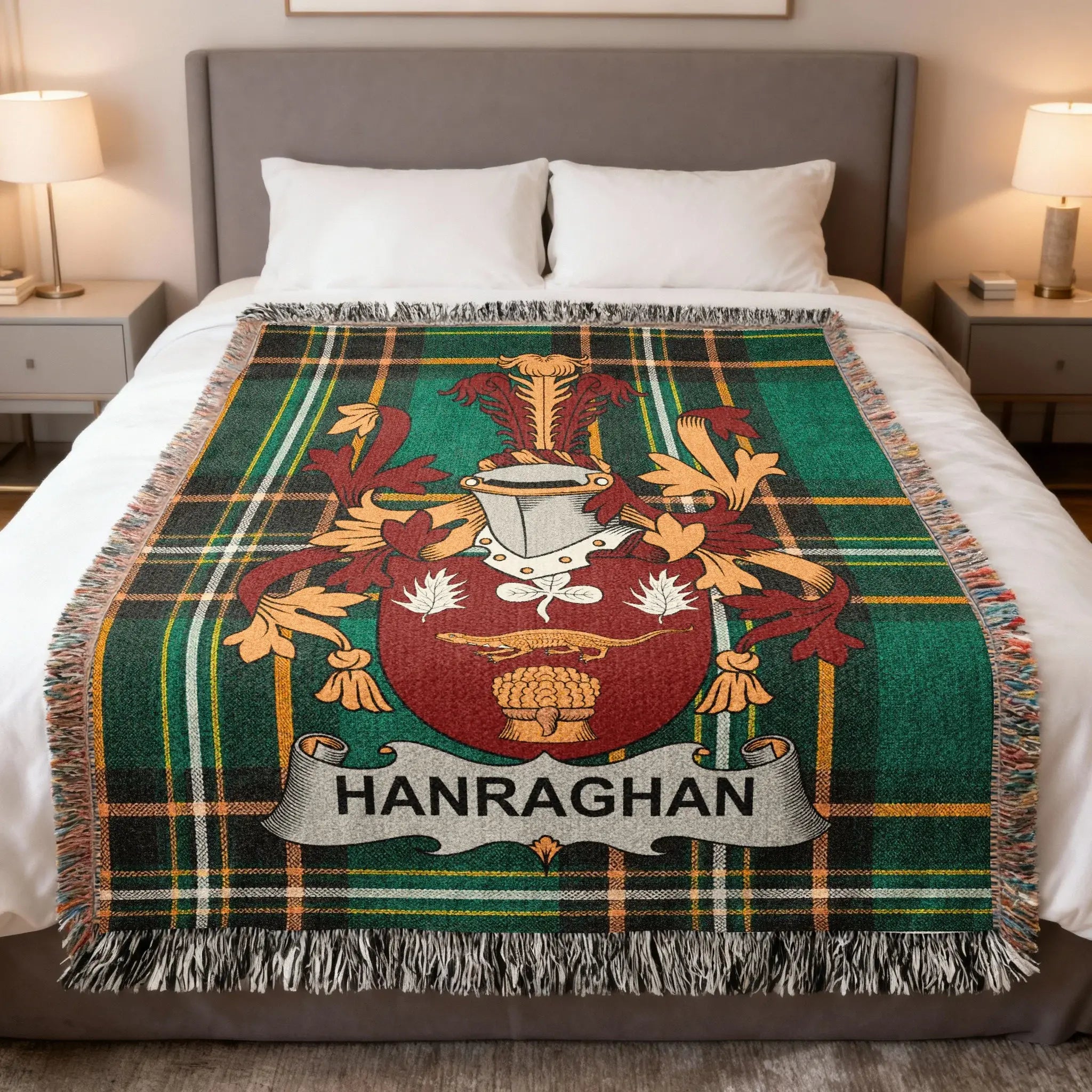 Clan tartan blanket with Hanrahan coat of arms displayed.