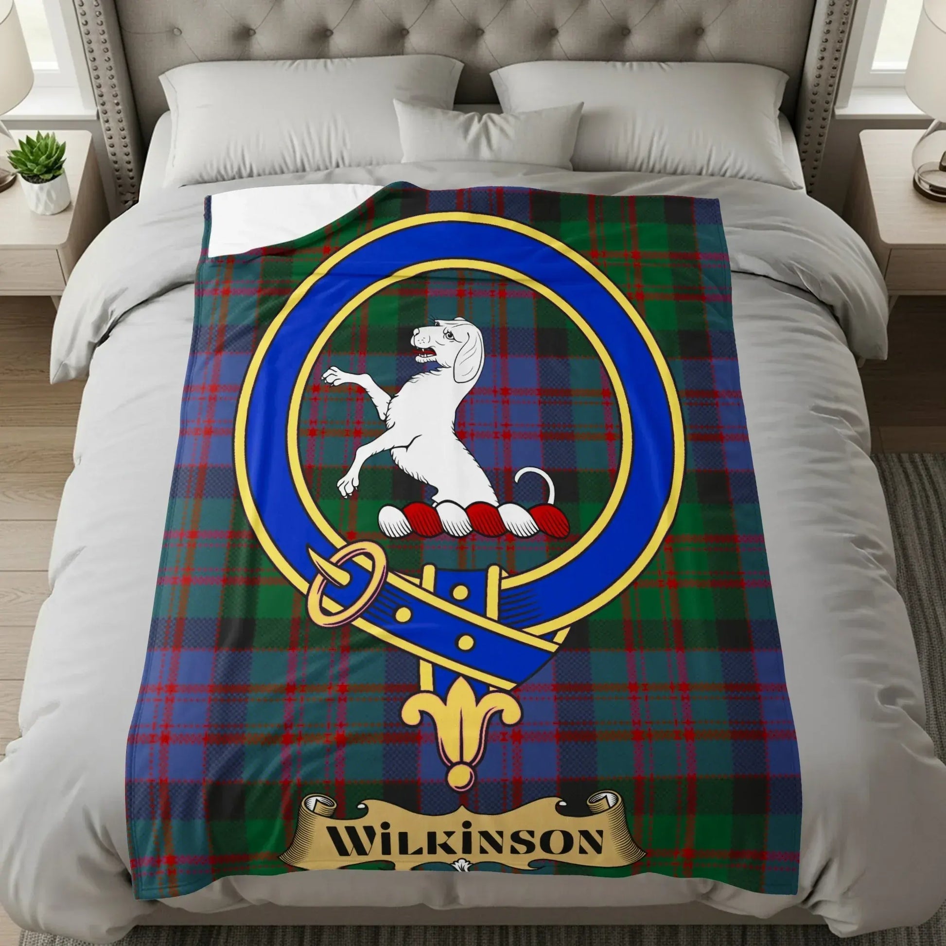 Clan Wilkinson Crest on Tartan Plaid Bedspread product type