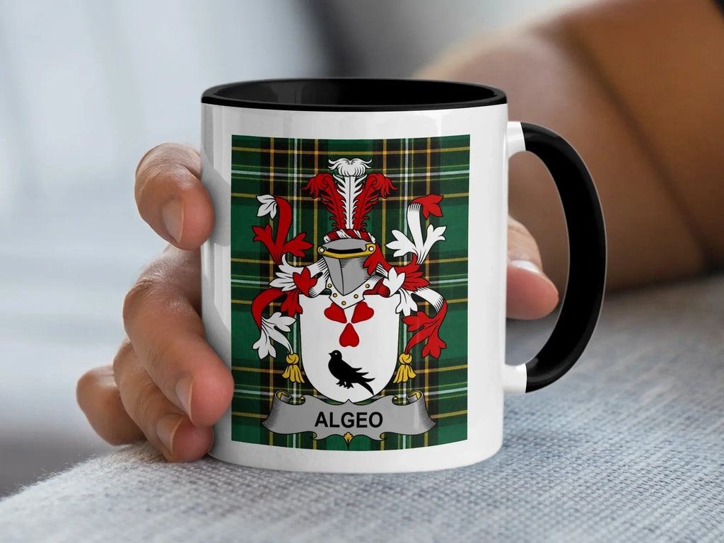 Algeo Irish crest black accent mug with Irish National Tartan design