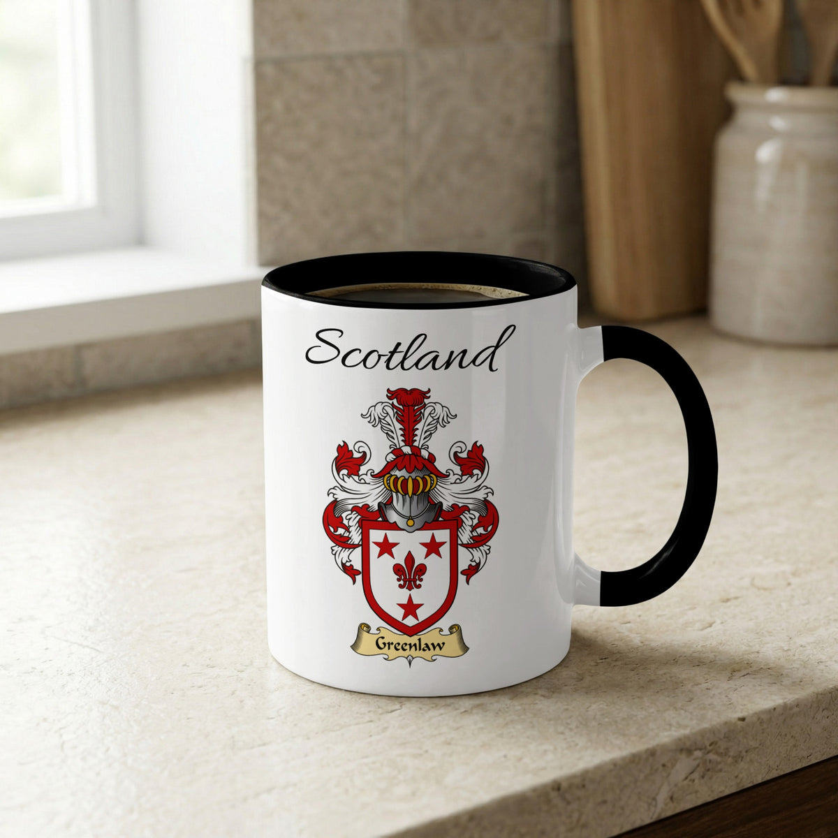 Greenlaw Scottish family crest accent mug with Scotland lettering and coat of arms artwork