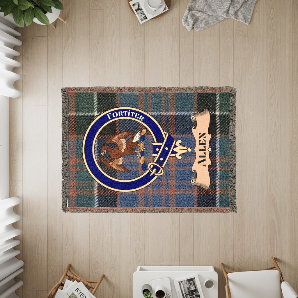 Tartan throw blanket with Allen clan crest, featuring an eagle and Fortiter motto.