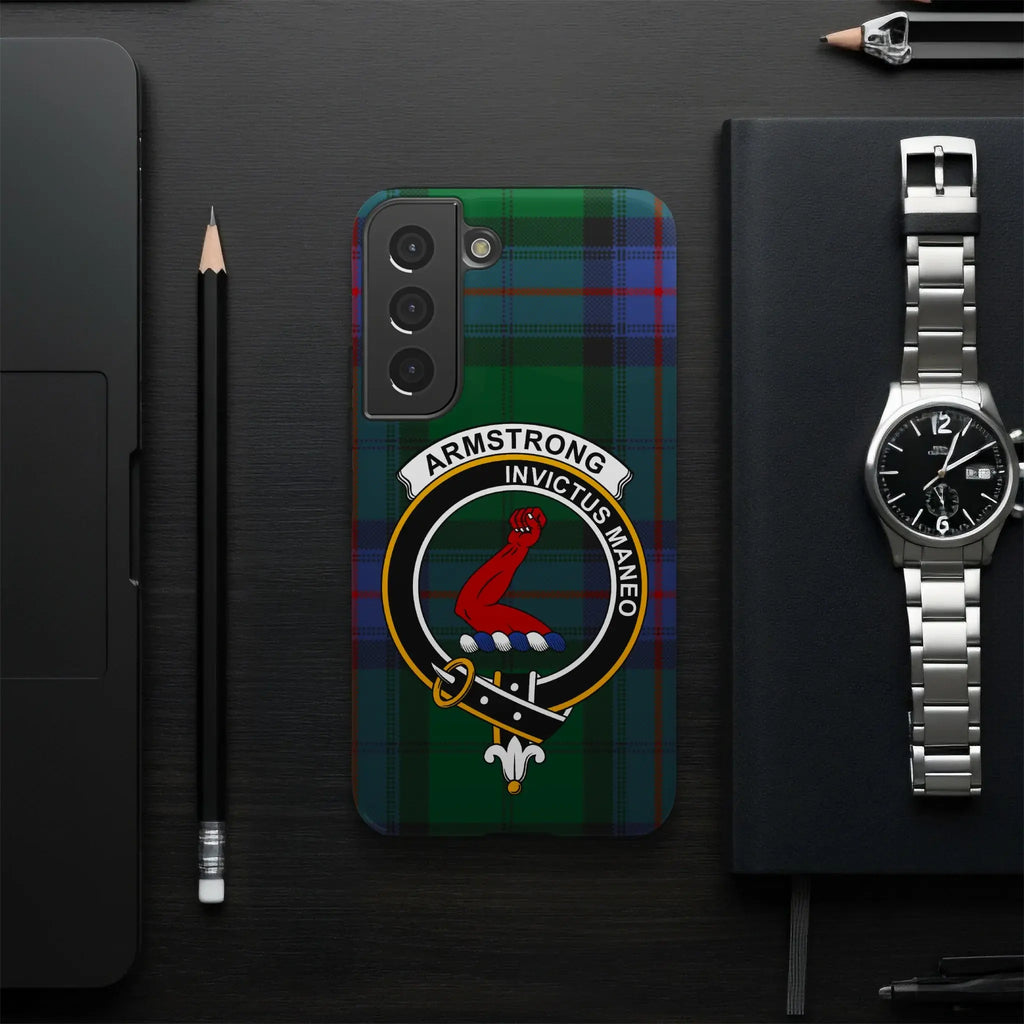Armstrong Invictus Maneo crest phone case side view — slim profile, edge-to-edge tartan print