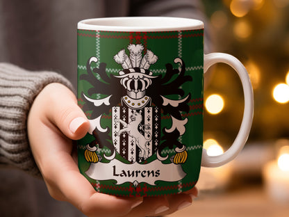 Laurens Welsh Surname Coat of Arms on Tartan Background Mug - Living Stone Gifts