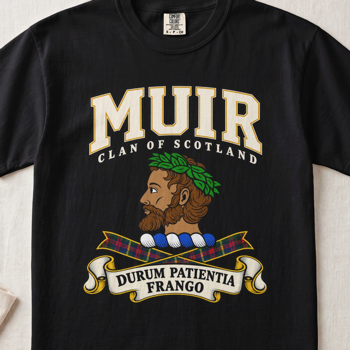 Muir Scottish clan graphic T-shirt in Black, front view