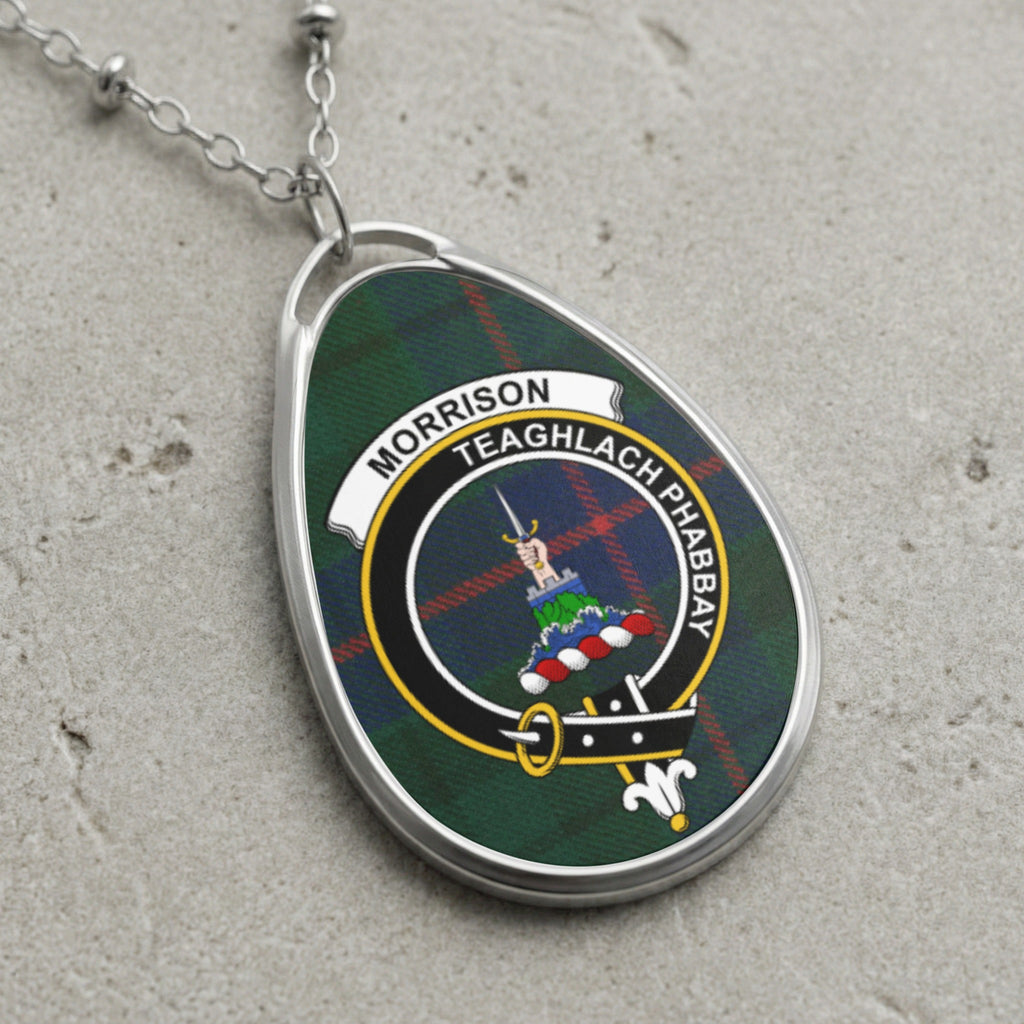 Morrison clan crest necklace with tartan background and motto.