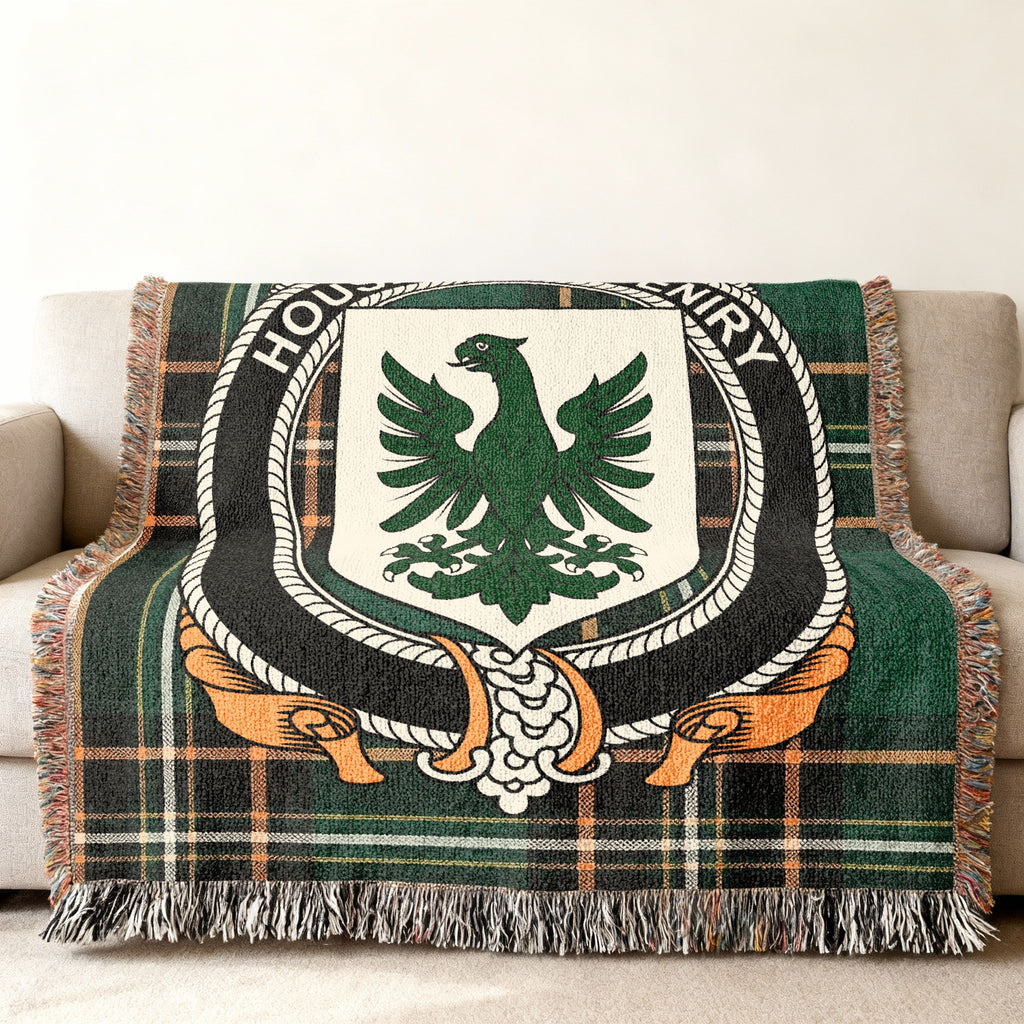 MacEniry Irish National Tartan woven blanket displayed on a sofa