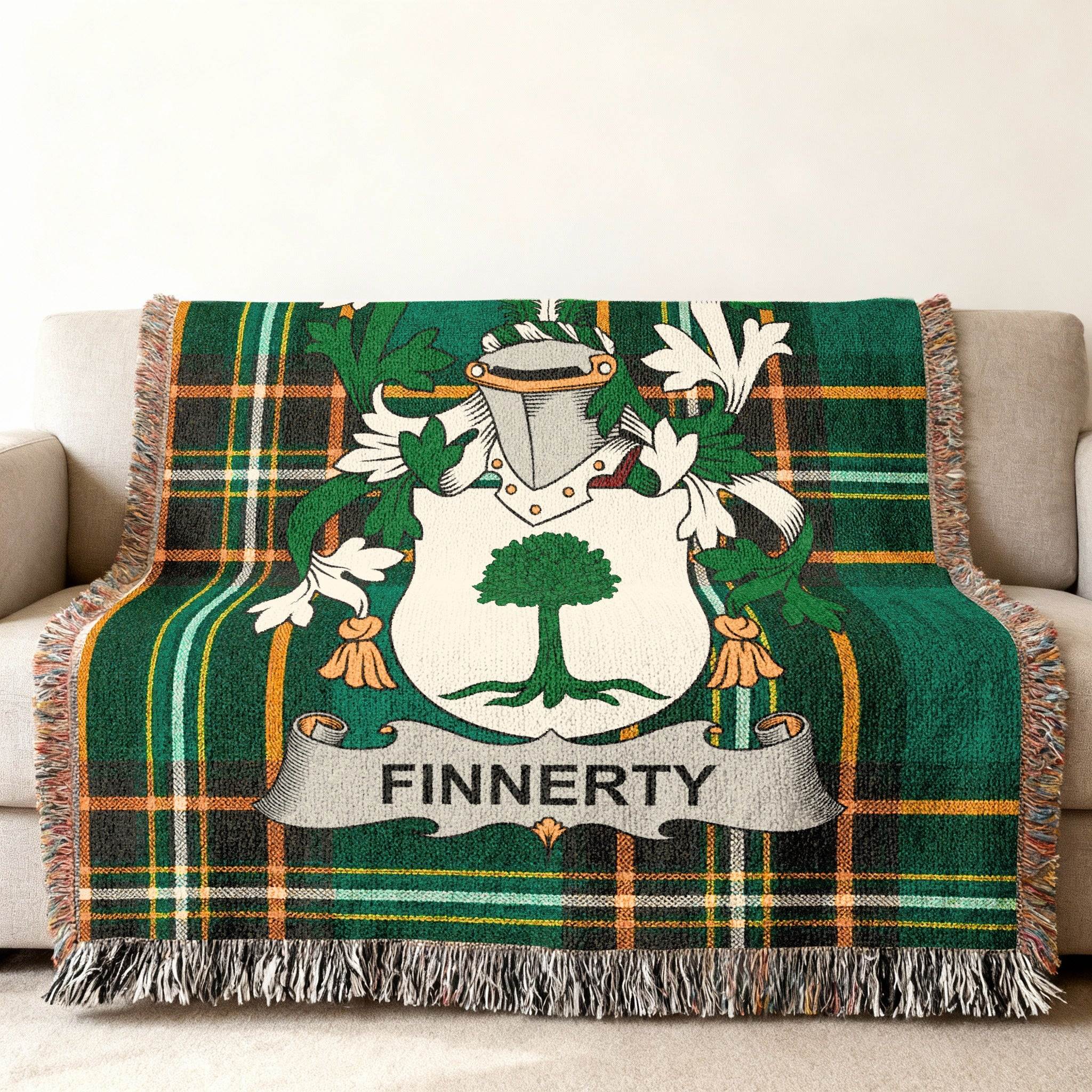 Finnerty Family Coat Arms Green Plaid Design Throw product type