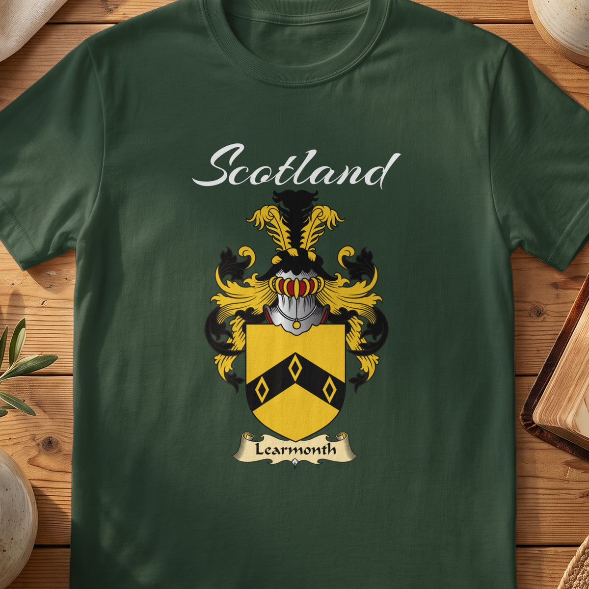 Forest Green Learmonth Scottish T-shirt featuring a black chevron with diamond details on gold