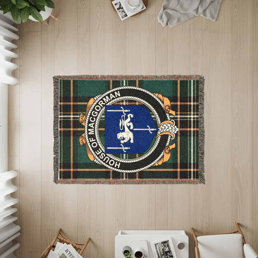 MacGorman Irish heritage woven throw with family crest emblem
