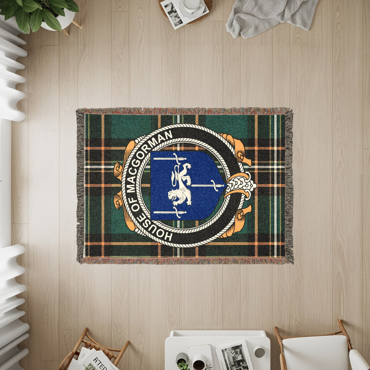 MacGorman Irish heritage woven throw with family crest emblem