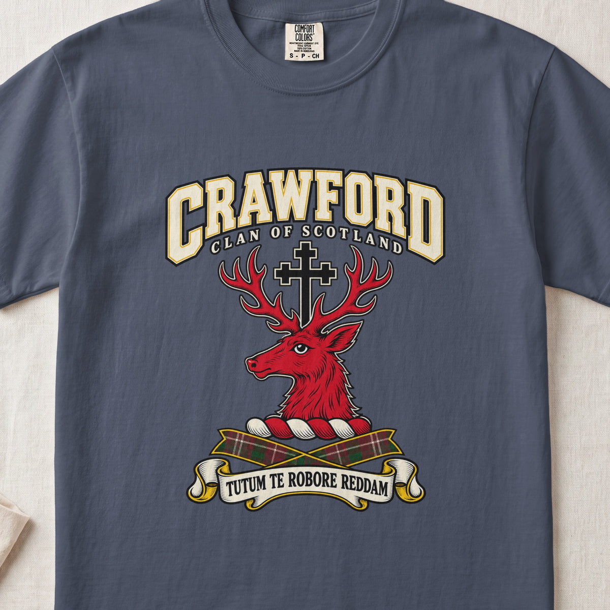 Crawford Scottish clan graphic T-shirt in Midnight, front view